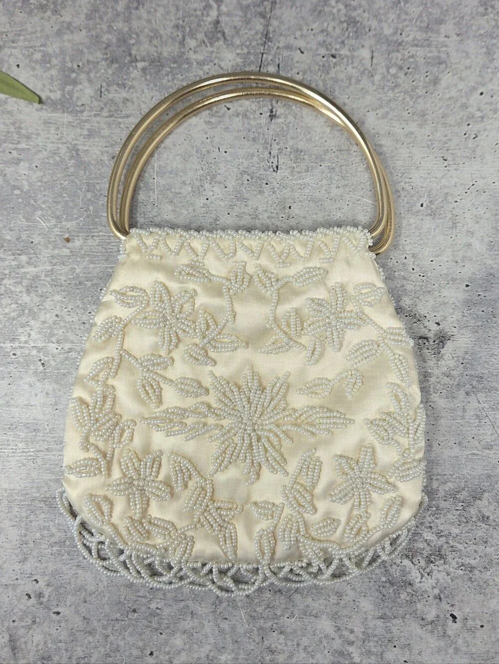 Vintage Ernest Ivory Beaded Gold Handle Handbag Evening Bag